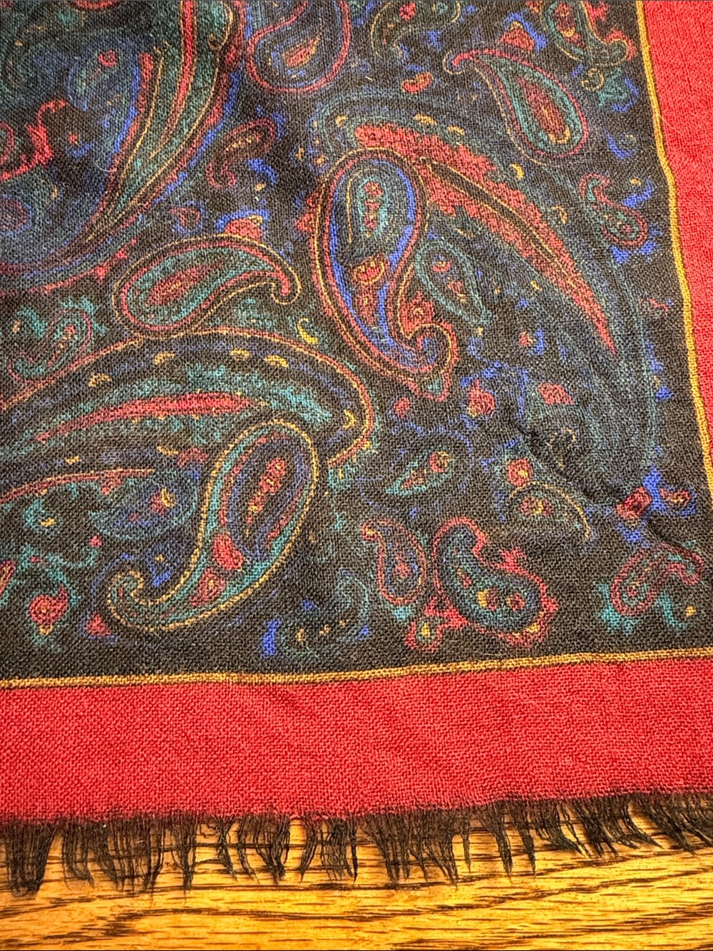 Vintage Paisley Scarf Black Red Fringe Square 80s 90s Jewel Tone